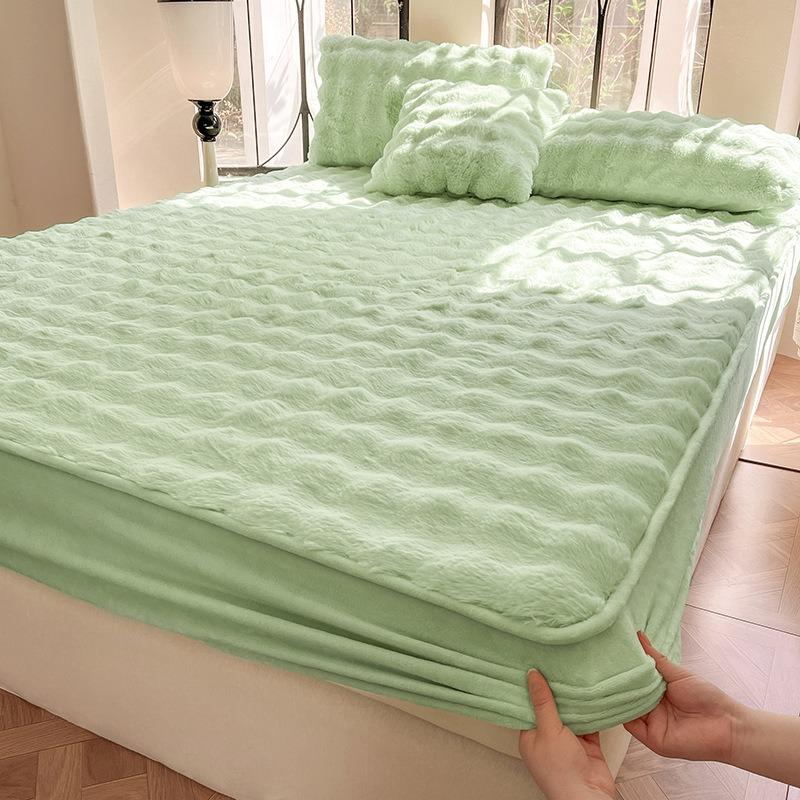 

Winter Warm Plush Fitted Sheet Mattress Cover Fluffy Faux Rabbit Fur Bed Protector with Elastic Band for Home Hotel Drap De Lit Only 2 pillowcases зелений