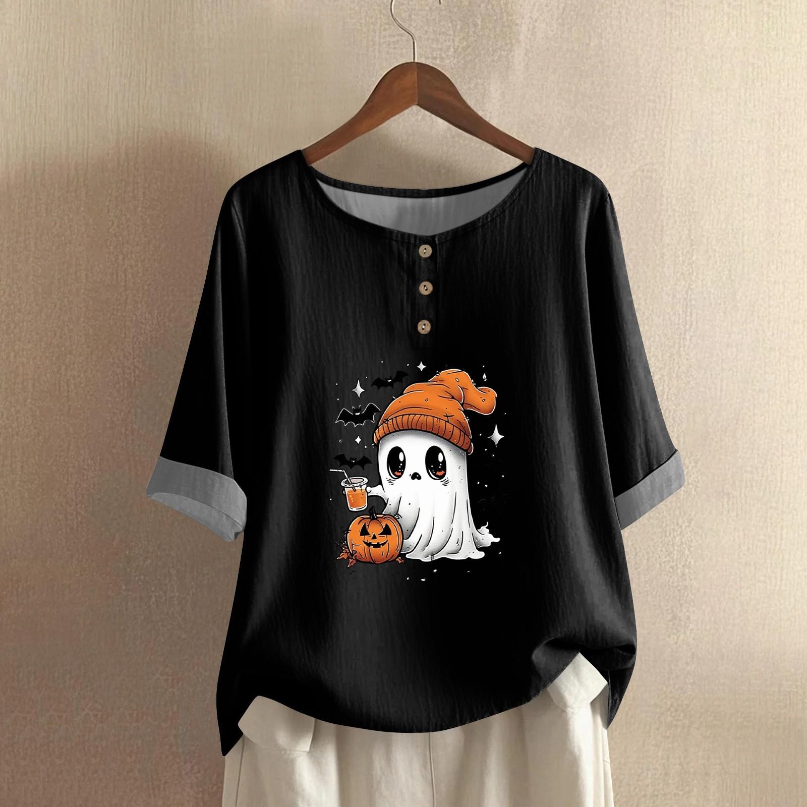 

Женская модная и повседневная рубашка с полурукавом, круглым вырезом, принтом, из хлопка и льна, блузка-топ L чёрный