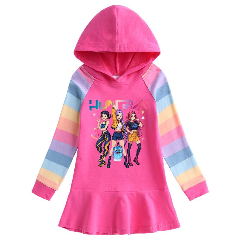 Kpop Monster Hunter Girl Group Ruffle Cartoon Rainbow Long Sleeve Hooded Princess Dress for Kids