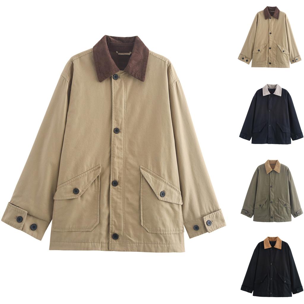 Women's Faux Suede Button Jacket Oversized Gathered Hem Short Length Coat Casual Vintage Outerwear With Pockets