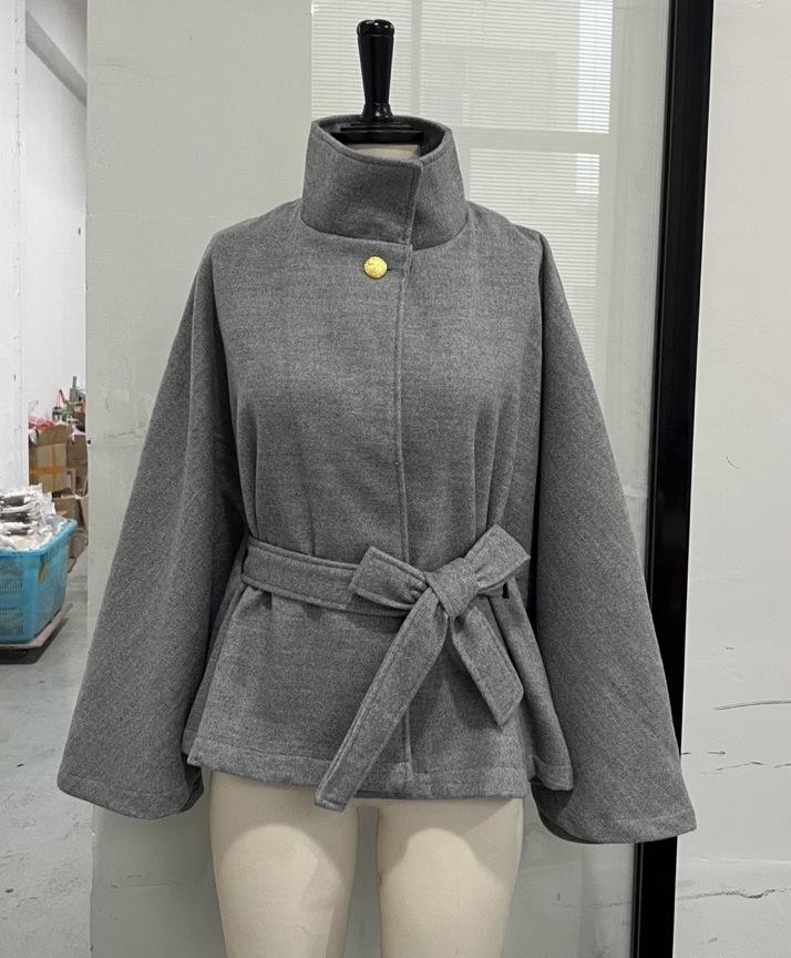 2025 Fall Women's Elegant Stand-up Collar Bell Sleeve Waist-Tie Short Wool Coat