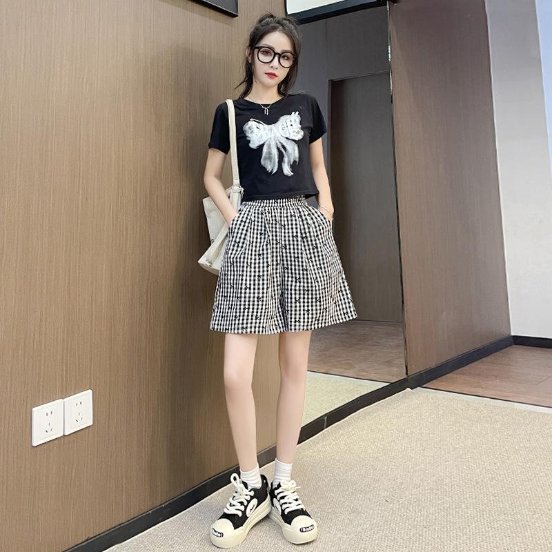 

Retro Checkered High Waist Wide Leg Shorts With Bow Print For Women Summer S чорний