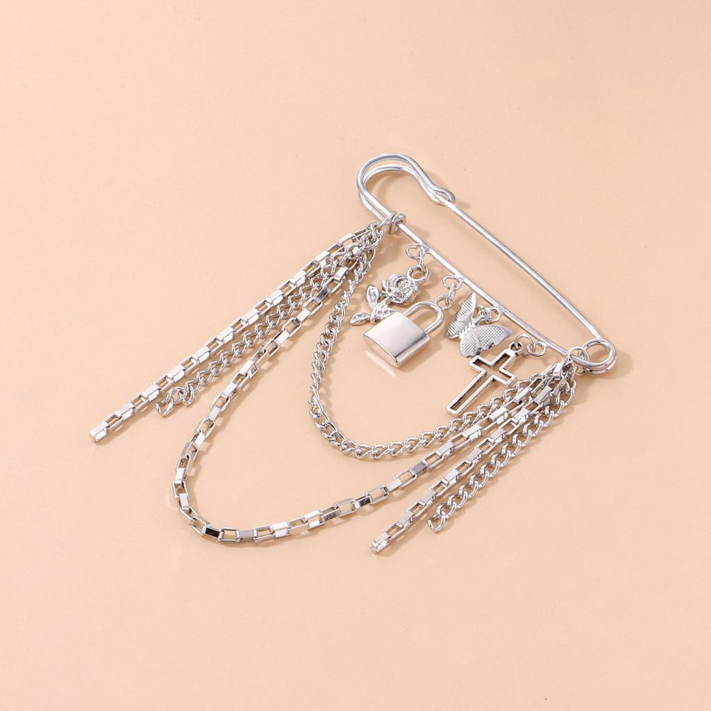Multi-element Lock Cross Brooch, Retro Trendy Metal Chain Pin Accessories