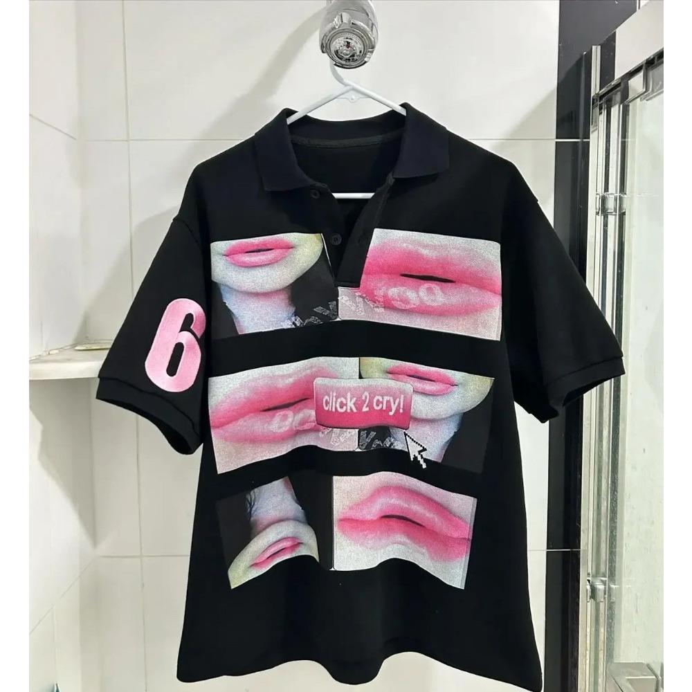 

Y2K панк-готический стиль мода личность уникальный дизайн рубашка поло уличный хип-хоп Харадзюку мужчины с короткими рукавами граффити летнее платье S
