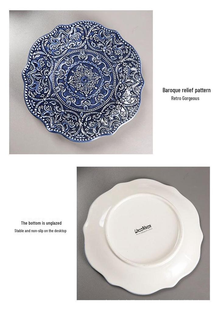 European Baroque Embossed Ceramic Dinner & Soup Plate Set