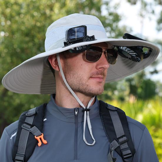 Fisherman Hat, Outdoor Sun Hat with Dual Power Solar USB Rechargeable Fan, Wide Brim Sun Protection Hat for Fishing Camping Hiking Gardening