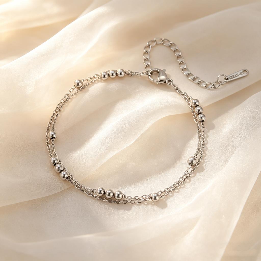 Gold Plated Double Layer Round Beads Bracelet, Stainless Steel Adjustable Thin Link Chain Bracelets, Luxury Jewelry for Women