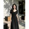 Be Careful with the Waist Dress, Large Size In Summer, Waist and Thin French Hepburn Style Square Collar A-shaped Long Dress for Women