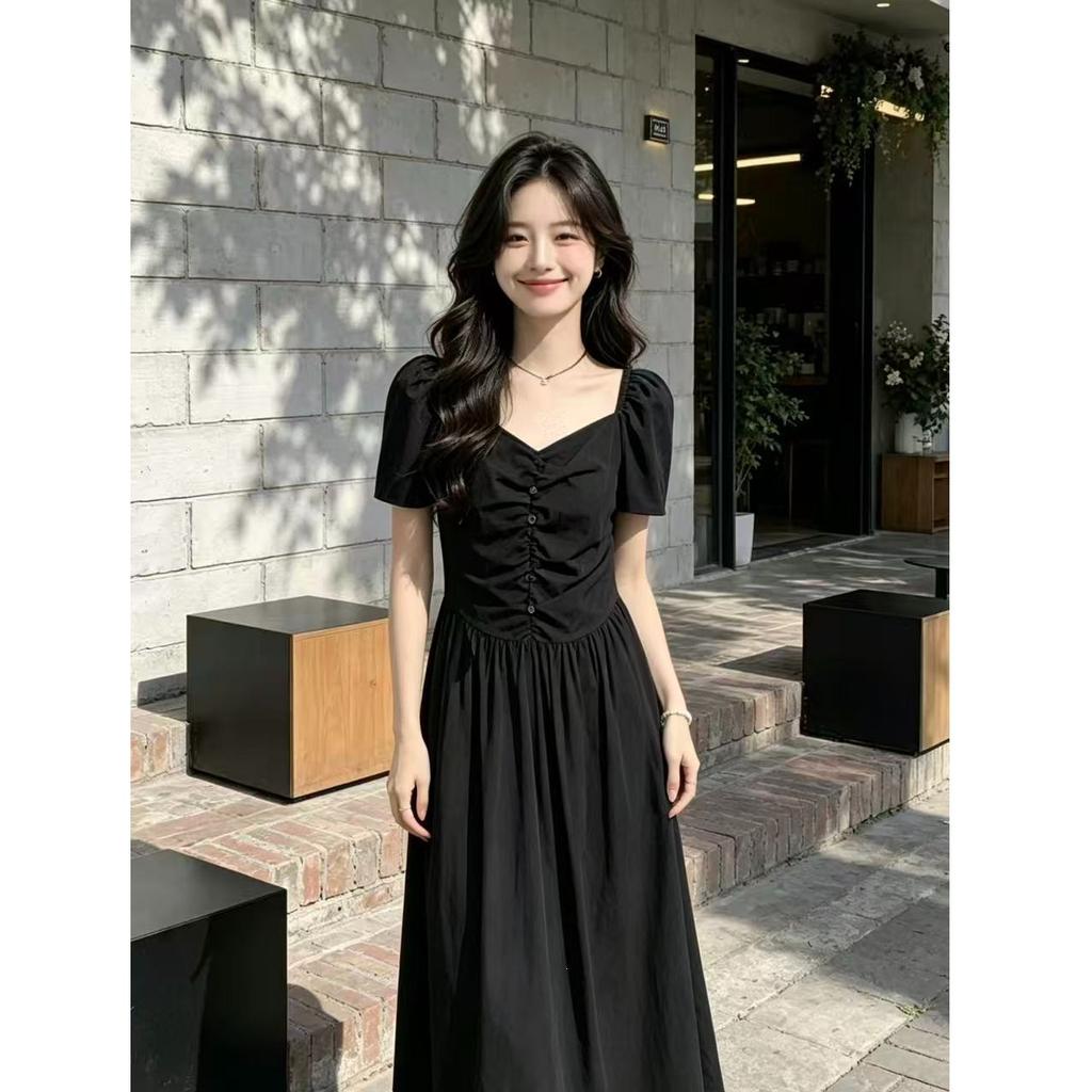 Be Careful with the Waist Dress, Large Size In Summer, Waist and Thin French Hepburn Style Square Collar A-shaped Long Dress for Women