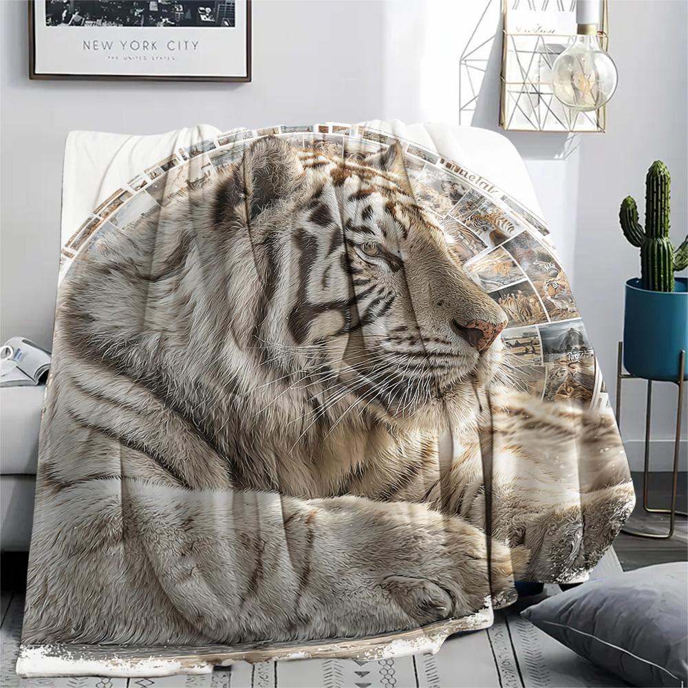 White Tiger Print Flannel Blanket, High Quality Comfortable for All Seasons, Home Decor, Warmth and Comfort, Perfect for Christmas Gifts