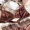 Summer Women Underwear Sexy Lace Embroidery Bra Set French Thin Cup Silken Wireless Bralette Ladies Lingerie Briefs With Thong