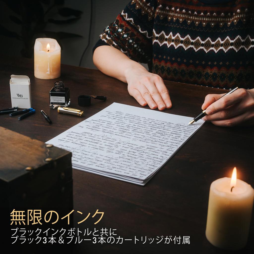 Wordsworth Black Fountain Pen Set with 18K Gold Medium and Extra Fine 25ML Black Ink 6 Ink Ink Refill Gift Pen Gift for Men and Women & Nibs, Bottle,