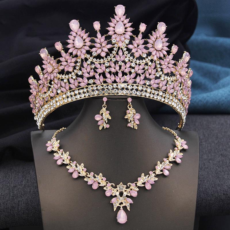 

High Opal Pink Tiaras and Necklace Earrings Bridal Jewelry Sets for Women Brides Wedding Crown Prom Birthday Costume Accessories