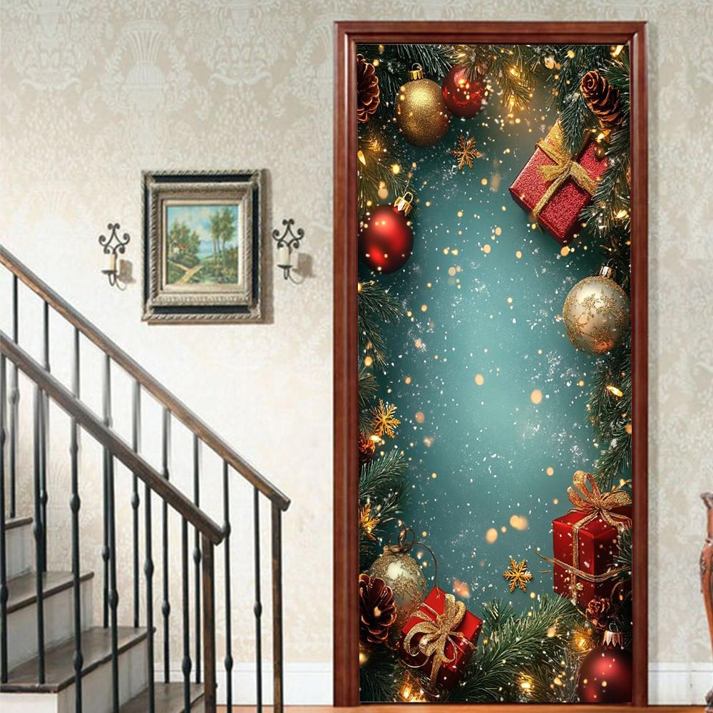 Christmas Tree PVC Self-Adhesive Waterproof Door Sticker Modern Simulation Door Mural Wallpaper Living Room Study Home Decor Art Door Poster