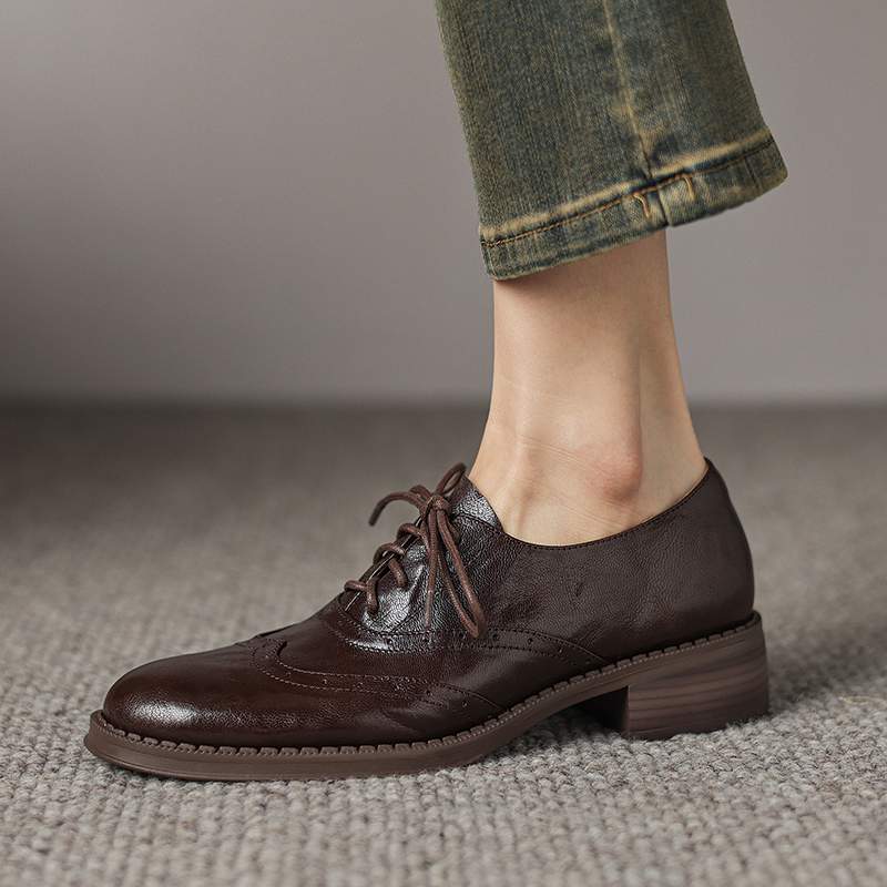 Krazing Pot Sheepskin Round Toe Thick Heels Autumn Lace Up Block Shoes Women Retro Fashion Pumps