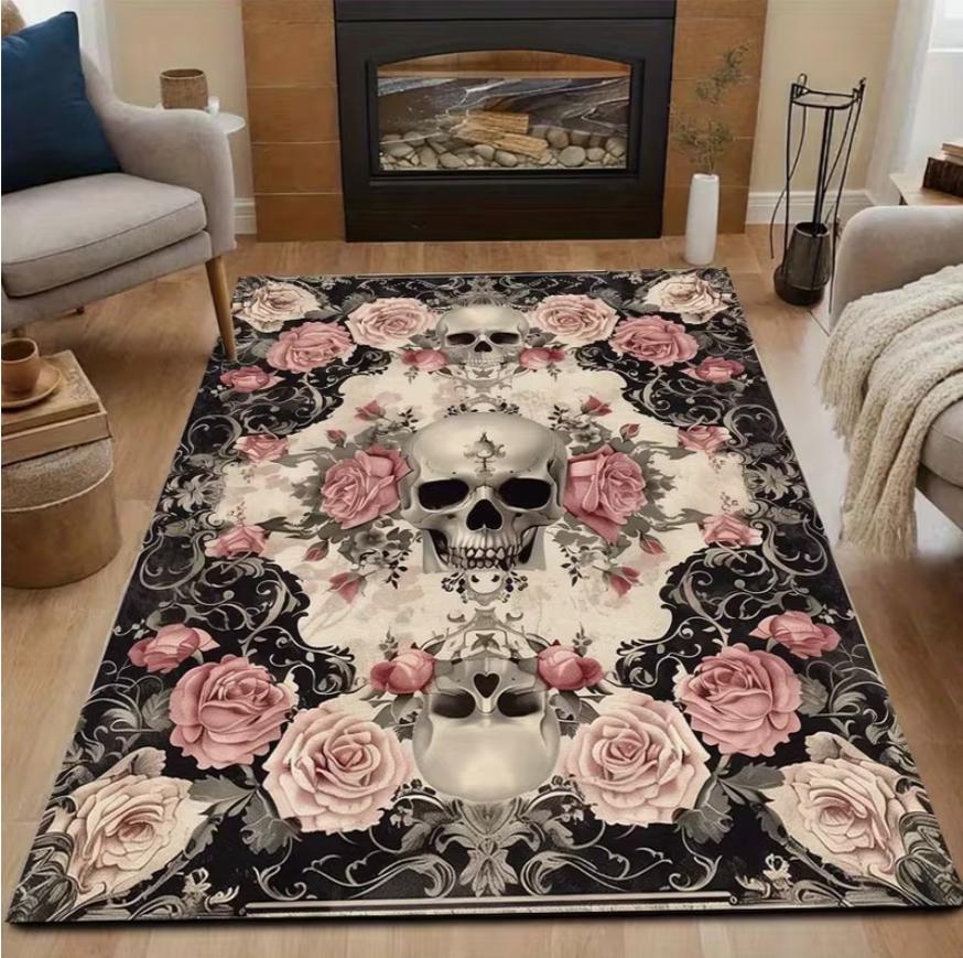 

Living Room Rug Dark Gothic Skull & Rose Style Theme Carpet Non-Slip Soft Easy Clean Trendy Personalized Area Home Decor Mat 40x60cm