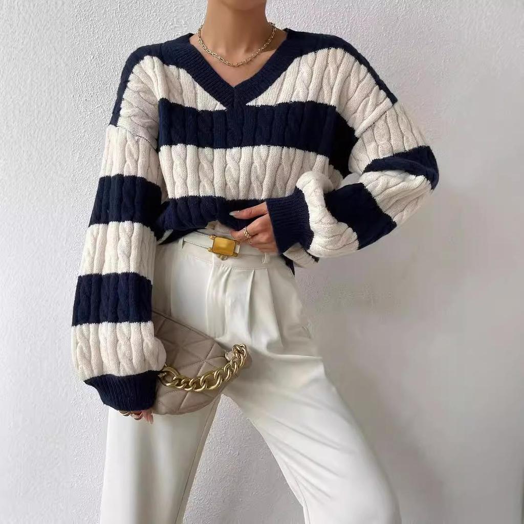 2024 Autumn/Winter V-neck Cable Knit Color Block Striped Sweater