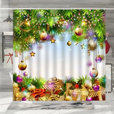 Rideau de douche de Noël, boules de Noël colorées d'hiver, cadeaux d'aiguilles de pin, couronne de Noël joyeux, décoration de salle de bain en polyester