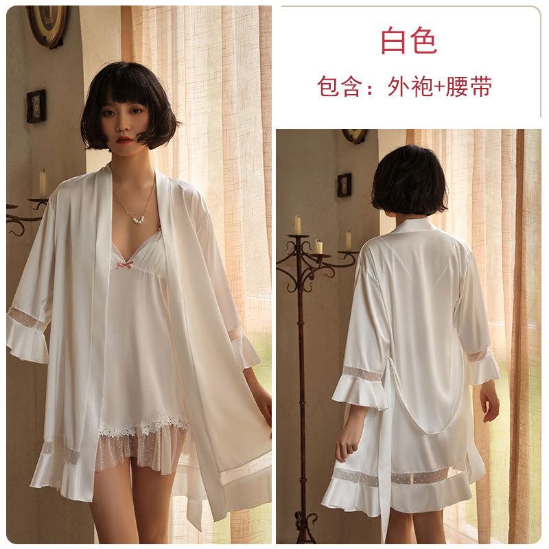 Women's Mesh Deep V Backless Cami Sleep Dress with Tie Robe Lounge Set