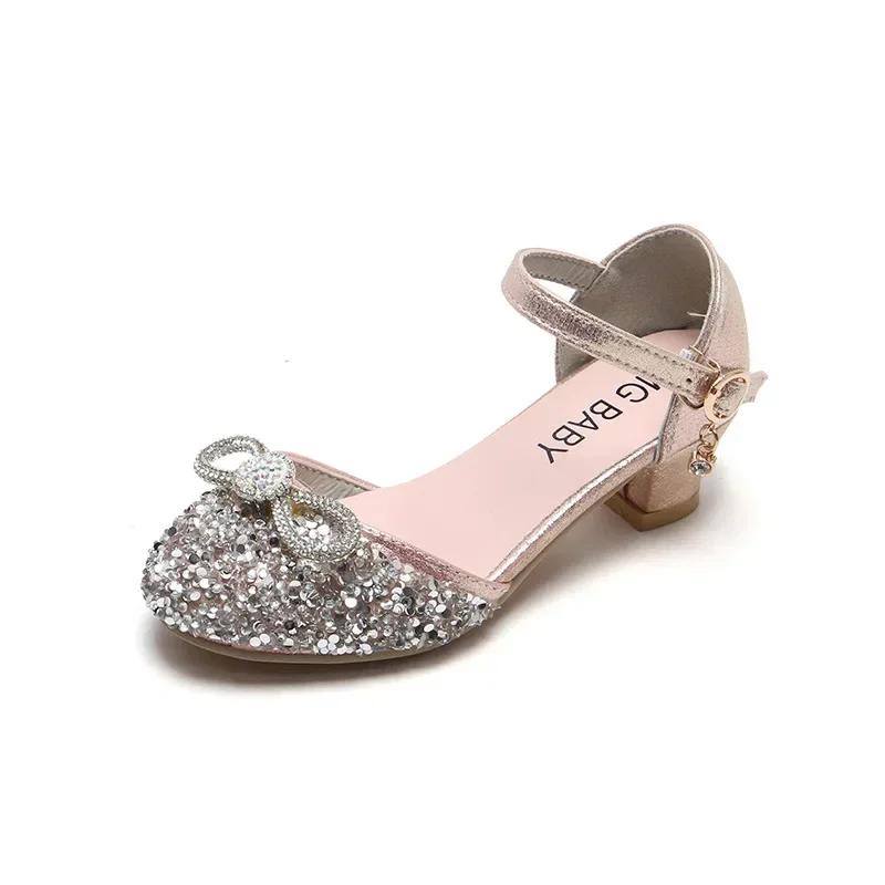 Girls High Heels for Kids Party Wedding Evening Dress Shoes Fashion Bow Diamond Crystal Shoes Princess Stockings Girl Sandals