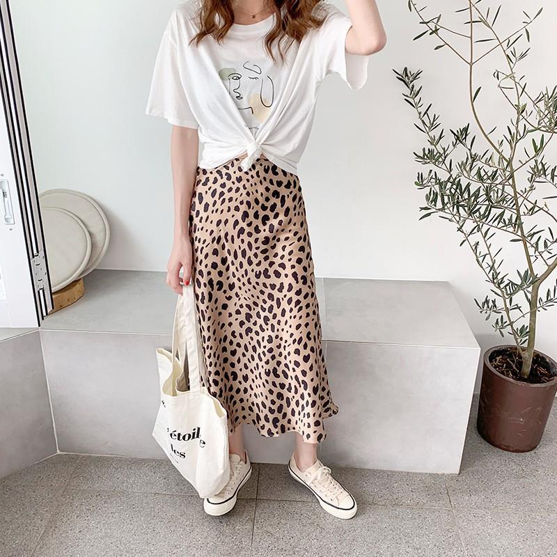Women Leopard Print Chiffon Midi Skirt, High Waist Zipper Elastic Waist A-Line Skirt, Slim Flowy Skirt for Spring Summer Office Party Casual Outfits