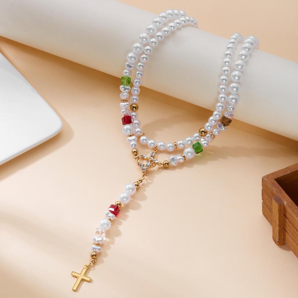 Sicilian Style Double-Layer Colorful Faux Pearl Cross Necklace