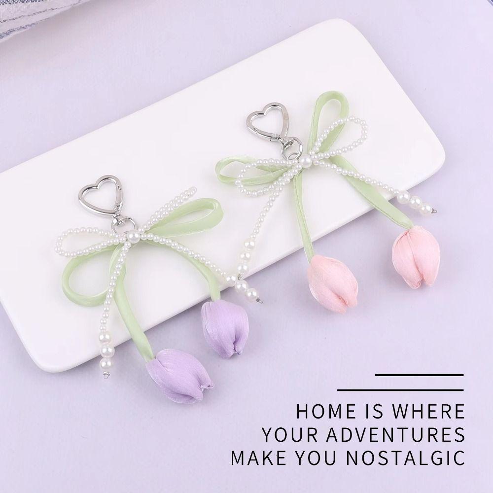 Handmade Tulip Pendant Car Keyring Heart Bag Charm Trendy Pearl Tulip Keychain  Men