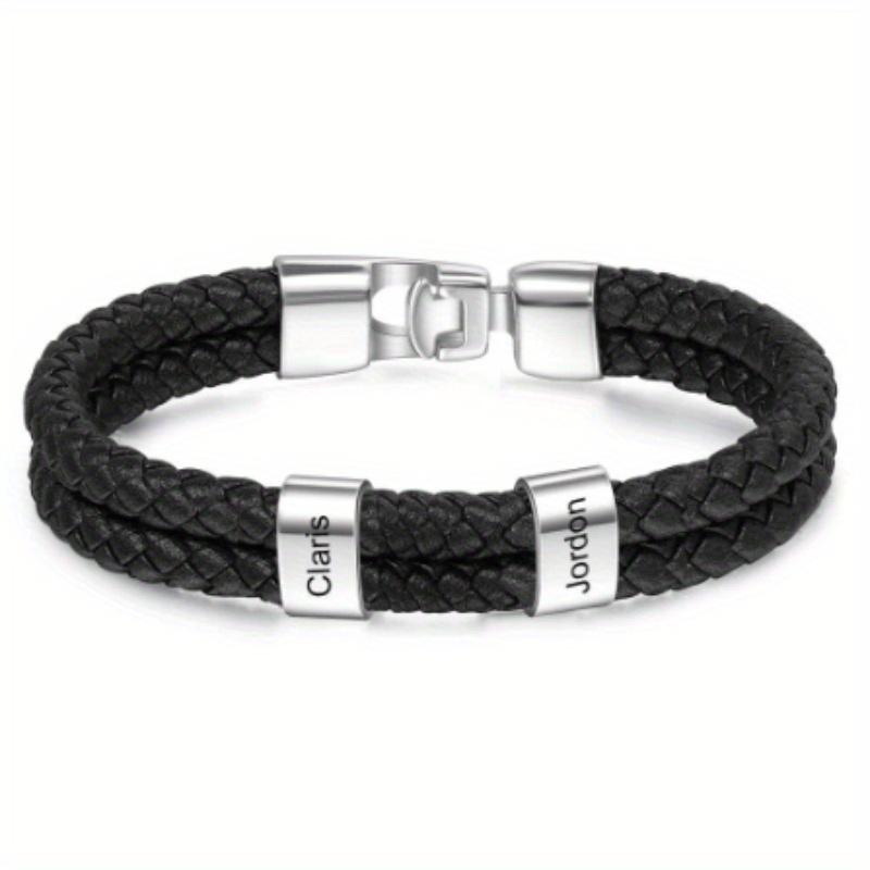 Men's Leather Bracelet Black Braided Leather Cord Name Engraved Bracelet Men's Double Layer Stainless Steel Engraved Bracelet