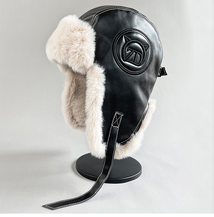 Pu Leather Lei Feng Hat, Northeast Velvet Cotton Hat, Men's and Women's Winter Cold and Windproof Cycling Ear Protection Hat Tide