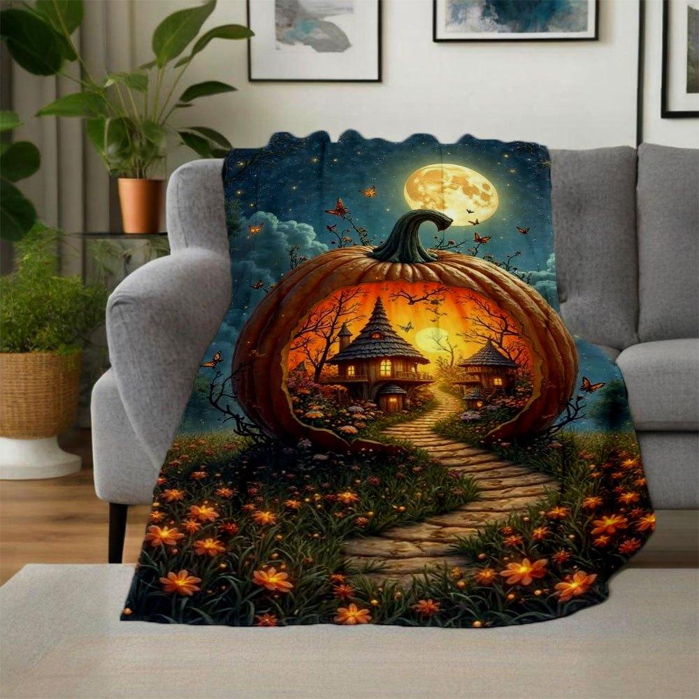 "Halloween Pumpkin House with Full Moon"Blanket Flannel Throw Blanket for Sofa, Bed, Travel, Camping, Office