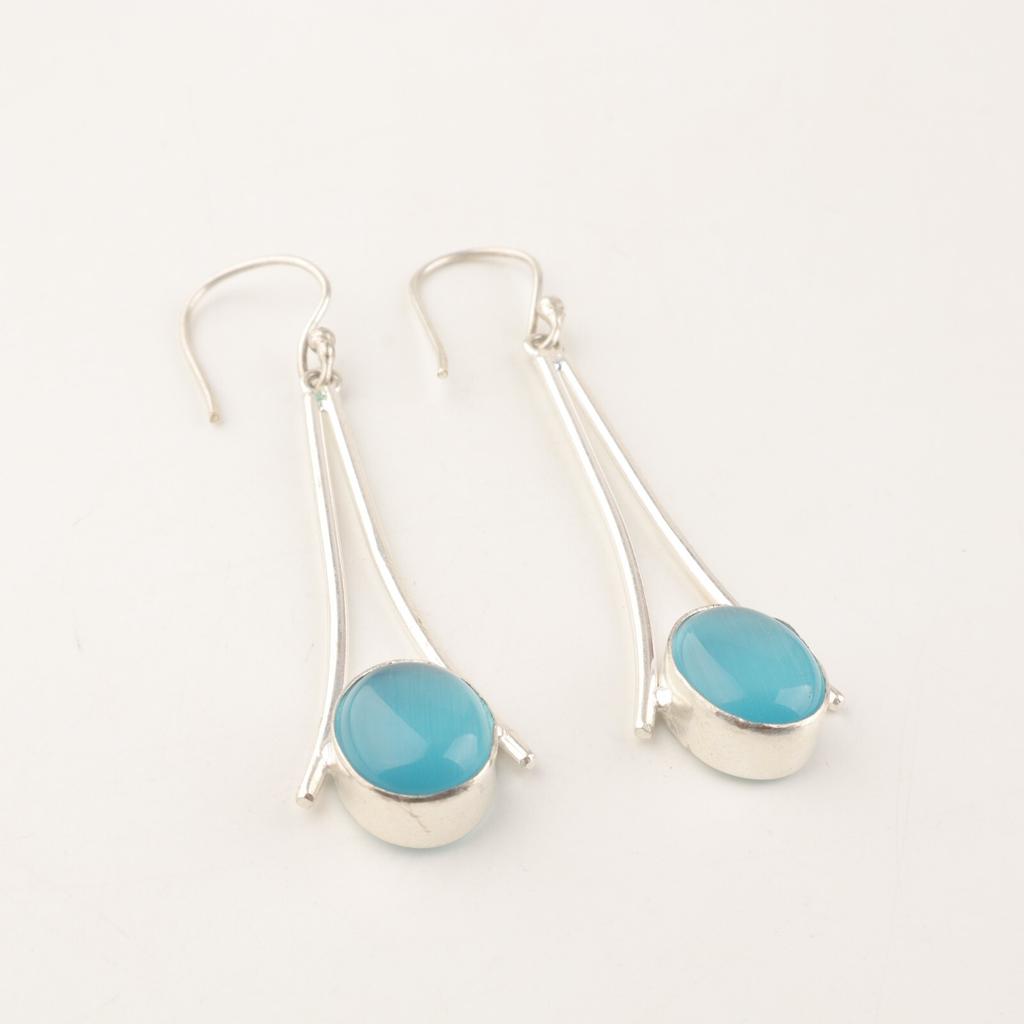 Blue Cat's Eye Gemstone 925 Sterling Silver Jewelry Handcrafted Earrings 2.63" EE-136-39
