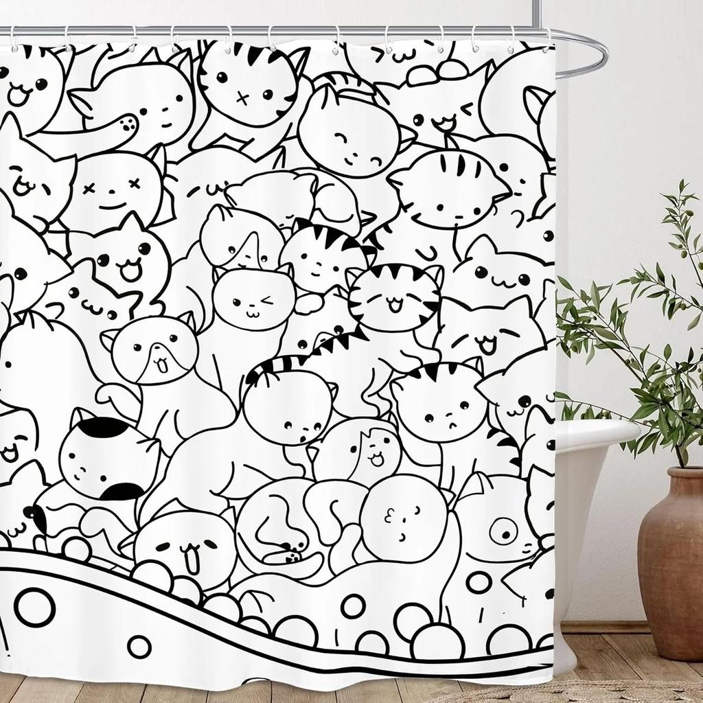 Cute Funny Dog Shower Curtain Cat Riding Dinosaur Funny Pet Cartoon Shower Curtain Boys Girls Bathroom Decor Shower Curtains