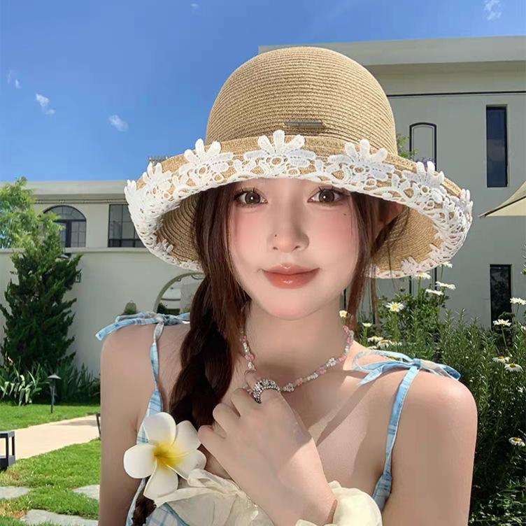 Straw Bucket Hat Women's Summer Lace New Seaside Vacation Beach Hat Big Brim Breathable Sunshade Sun Protection Hat