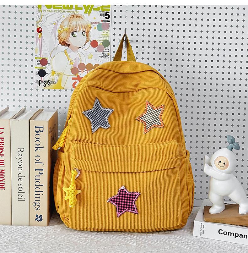 Women's Mori Style Corduroy Backpack - Harajuku Middle School Bookbag with Star Design for Travel
