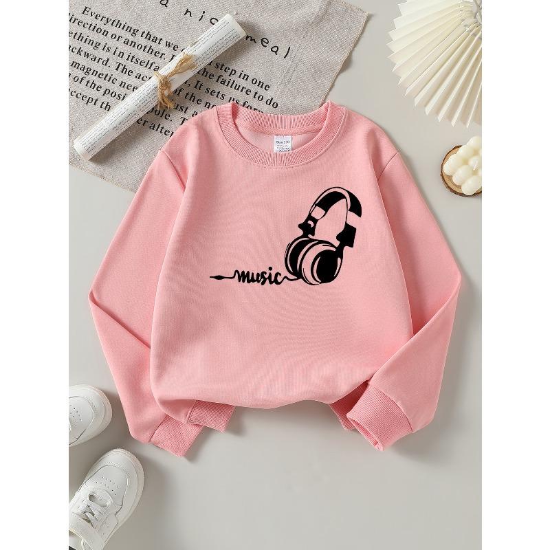 European Sizes Music Headphones Art Girls' Crew Neck Fashion Sweatshirt, Western Top, Children's Long Sleeved Casual Tee