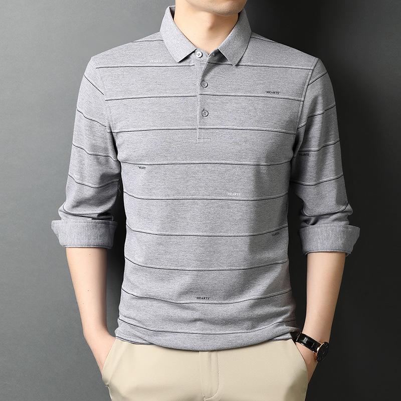 

Футболка нового стиля весна-осень с длинными рукавами для мужчин среднего возраста, полосатая рубашка-поло с тонкими лацканами для мужчин XXXL