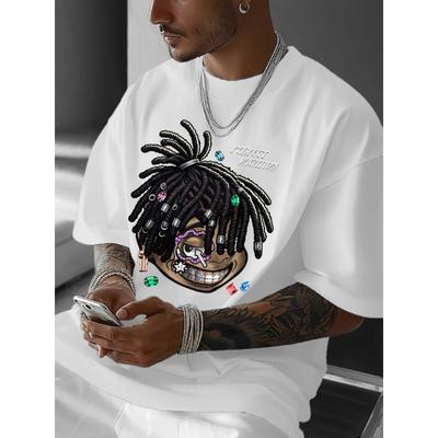 Europäische Größen Herren-Freizeit-T-Shirt mit Aufdruck aus synthetischen Edelsteinen und Dreadlock-Cartoonfiguren, bequemes, atmungsaktives Stretchmaterial