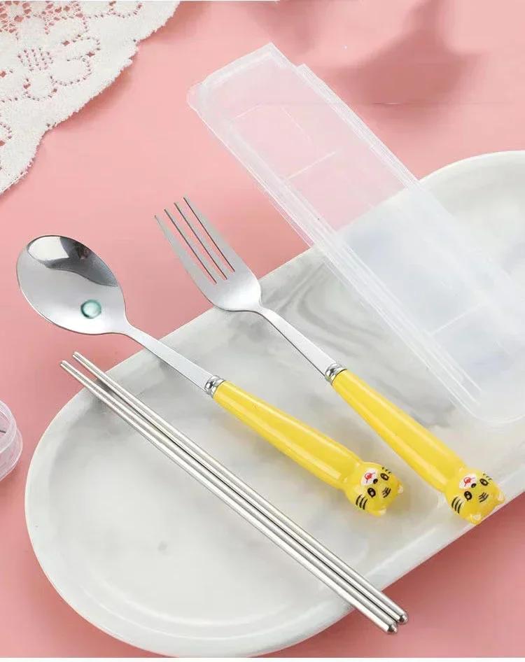 Cute Cartoon Travel Tableware with Case Portable Utensils Cutlery Set Reusable Flatware Silverware Include Fork Spoon with Case