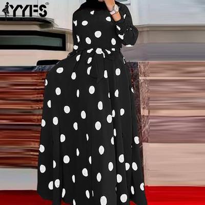 Women's Fashion Spring Fall Polka Dot Print Long Sleeve O-Neck High Waist Casual Dresses