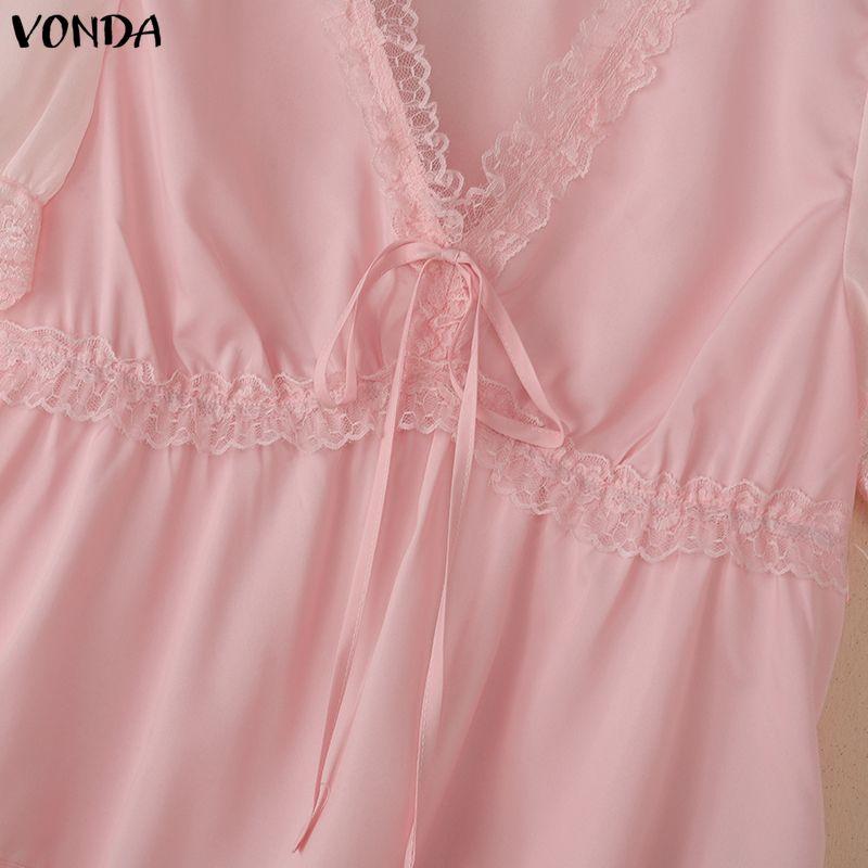 VONDA Women V Neck Short Sleeve Lace Hem Sheer Patchwork Casual Blouse Tops