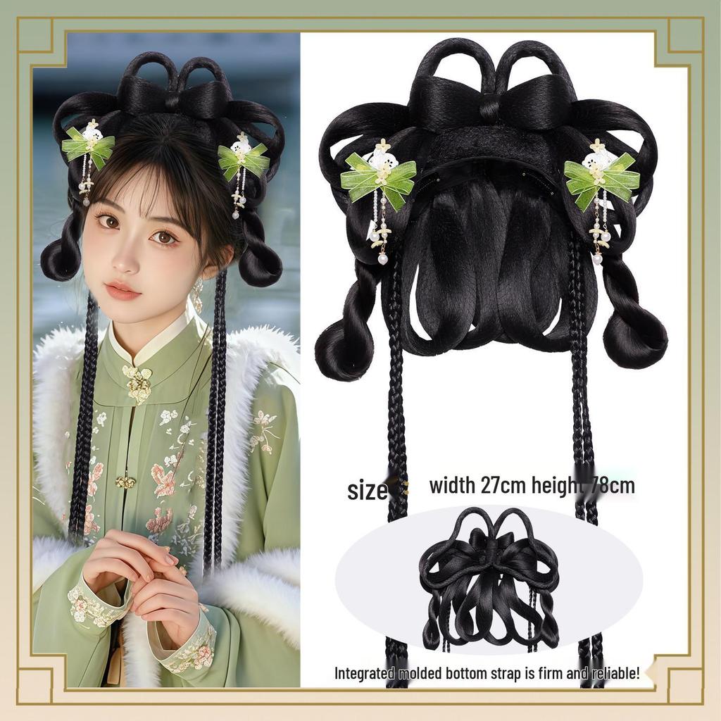 Herbst/Winter Hanfu Perücke und Pompon Stirnband Haaraccessoires Set