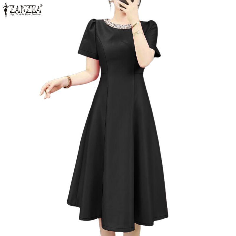 ZANZEA Women Casual Round Neck Short Sleeve Summer Dress