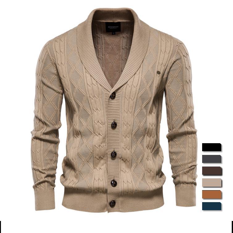 

Хлопковый кардиган, мужской повседневный однобортный однобортный однотонный деловой мужской кардиган, новый зимний модный мужской свитер
