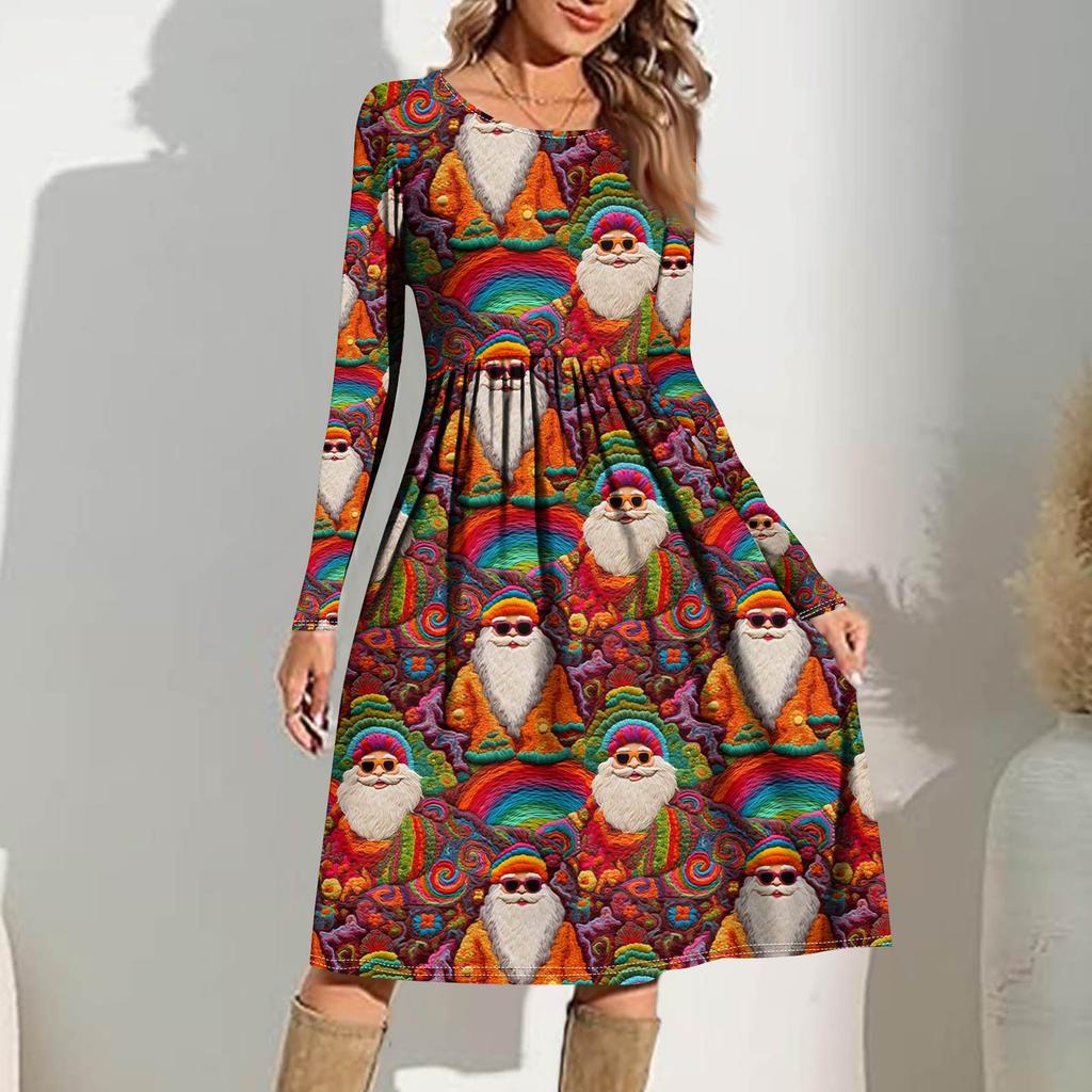Robe Décontractée Imprimée Dégradé pour Femmes Printemps Poche Col Rond Robes Manches Longues