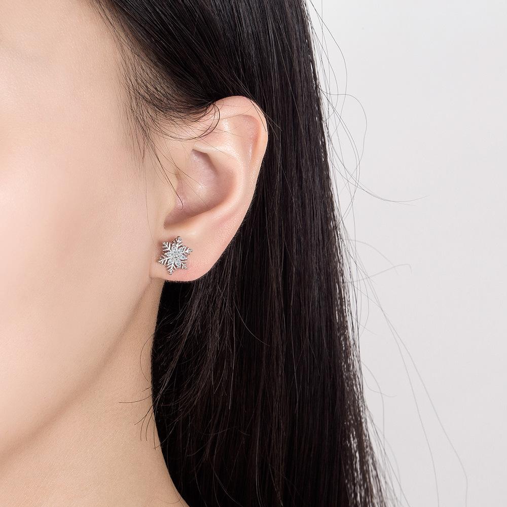 Sterling Silver Snowflake Stud Earrings with Marquise Cut Diamonds – Elegant Women's Christmas Fashion