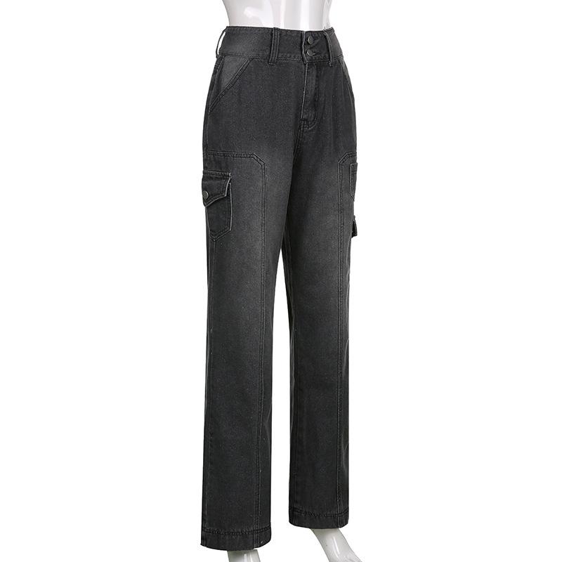 Tasche Jeans larghi impunturate Moda Streetwear Pantaloni in denim da donna Pantaloni cargo larghi Jeans coreani Pantaloni dritti Harajuku
