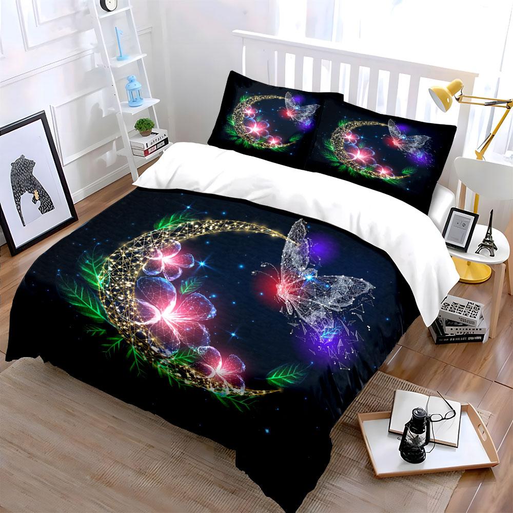 Butterfly Moon with Flowers Bedding Duvet Cover Set Duvet Cover Pillowcases  (1*Duvet Cover 2*Pillowcases, without duvet insert)