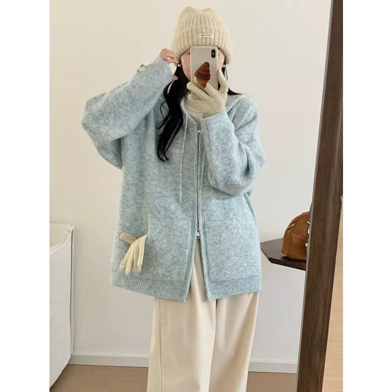 

Осень и зима новый повседневный универсальный вязаный кардиган на молнии с капюшоном женский свободный ленивый ветер тонкий свитер куртка average size светло-синий