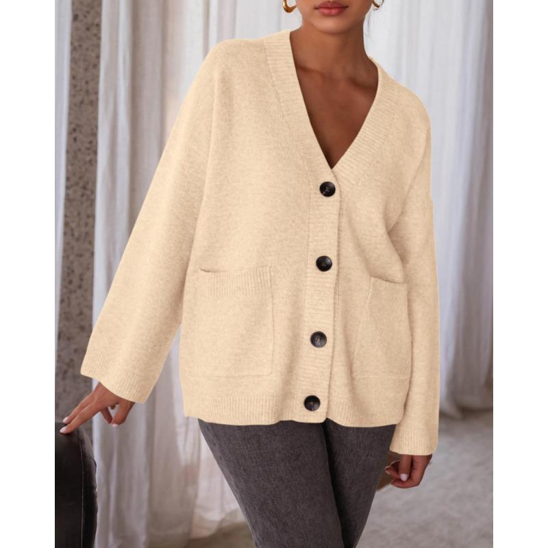 Women Solid Color V Neck Button Up Loose Long Sleeve Knit Cardigan Sweater Coat
