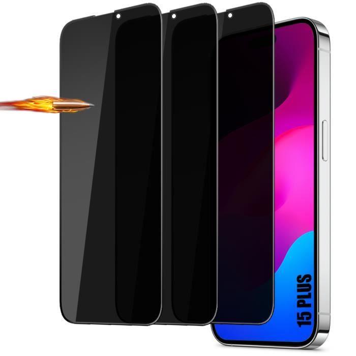 Film de protection en verre trempé - pour iPhone 15 Plus - Lot de 3 - Résistant aux chocs - Anti-espion - Noir